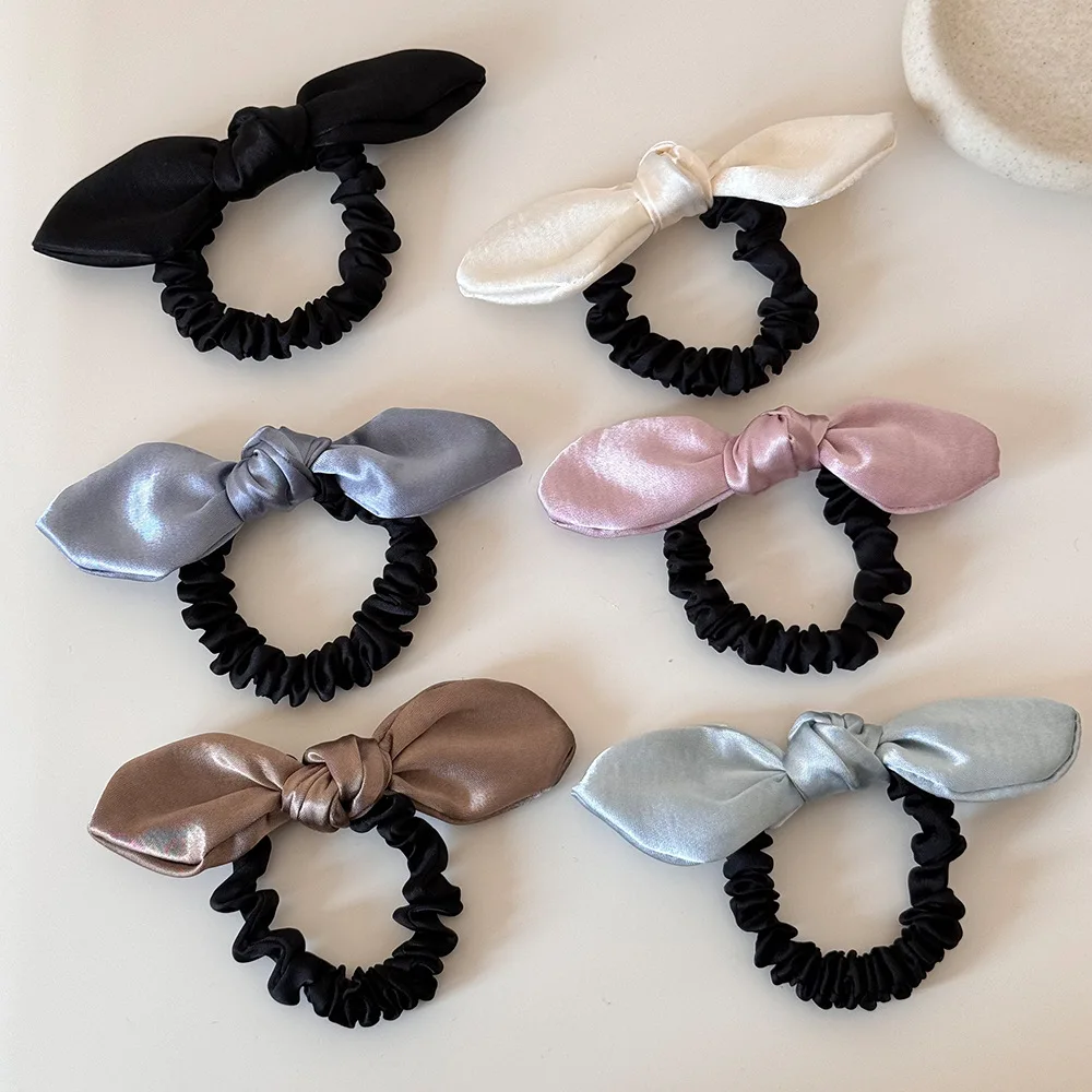 

French Satin Bow Bunny Ears Hair Ties High Elasticity Silk Scrunchies Ponytail Stretchy Hair Accessories for Women Rubber Band