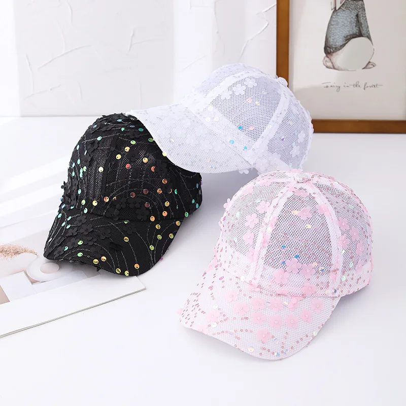 

Women's Outdoor Sunscreen Sunshade Baseball Cap Mesh Breathable Duck Tongue Hat Flowers Sequins Rebound Cap