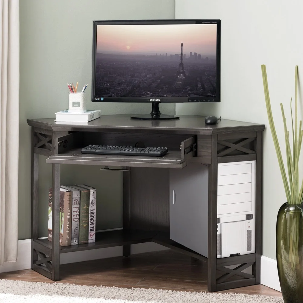 Oak Corner Desk with Drawer Space Saving Design Keyboard Tray Indoor Use Perfect Small Spaces Efficient Organization