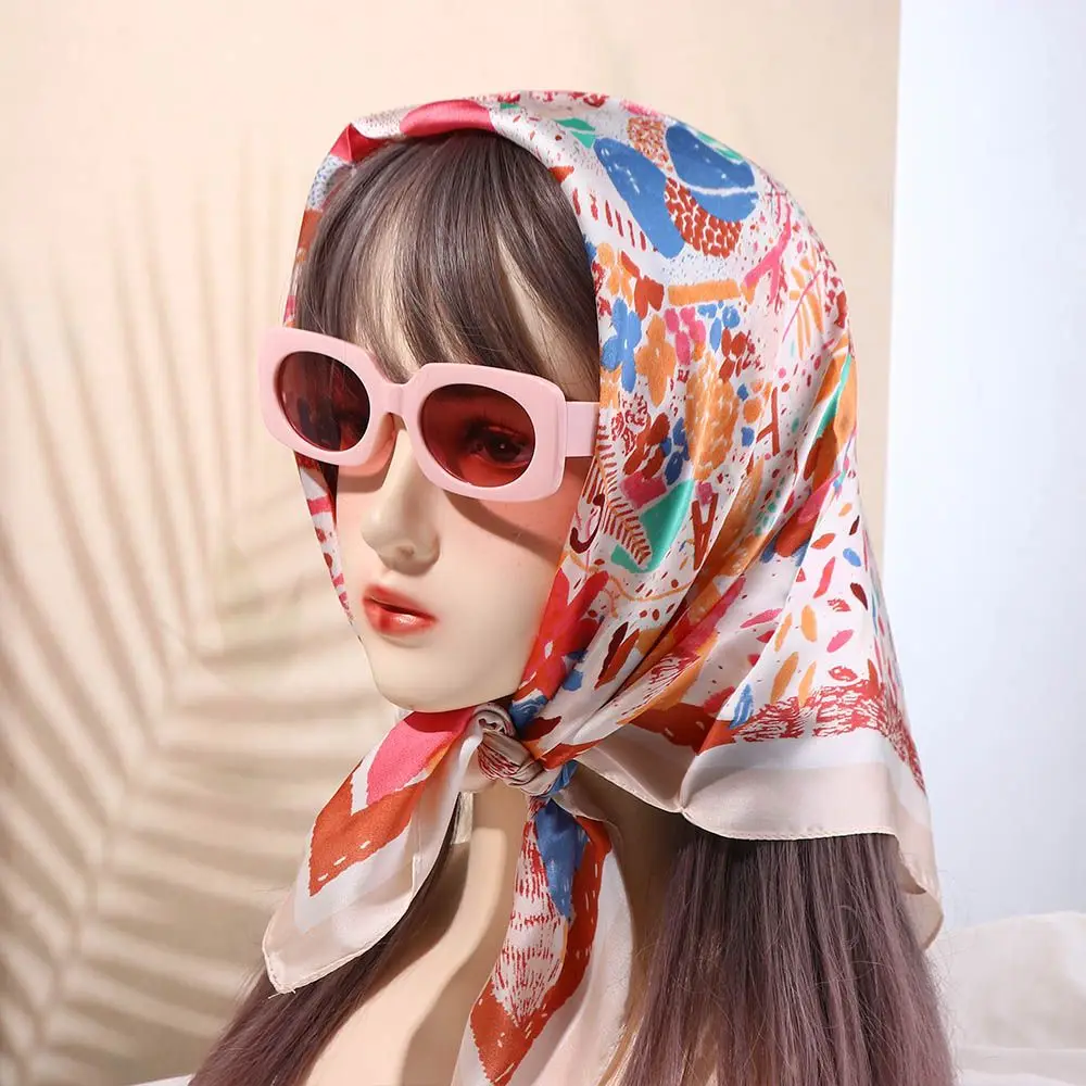 Beach Sunscreen Shawl Stripe Female Flower Print Square Scarf Women Silk Scarf Head Scarf Hair Tie Band