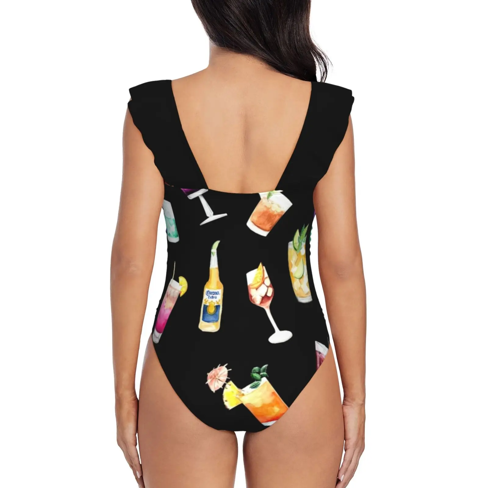 Beer Cocktails Lover Sexy Ruffle Print Swimwear Women One Piece Swimsuit Female Monokini Bathing Suit Cocktail Wine Lover