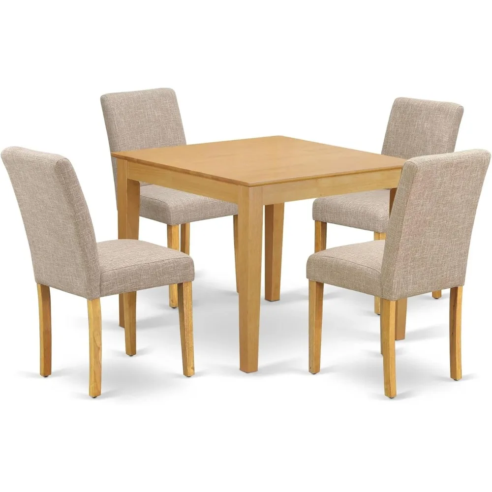 5 Piece Dining Table Set for 4 Includes A Square Kitchen Table and 4 Light Tan Linen Fabric Parsons Dining Chairs, Dining Tables