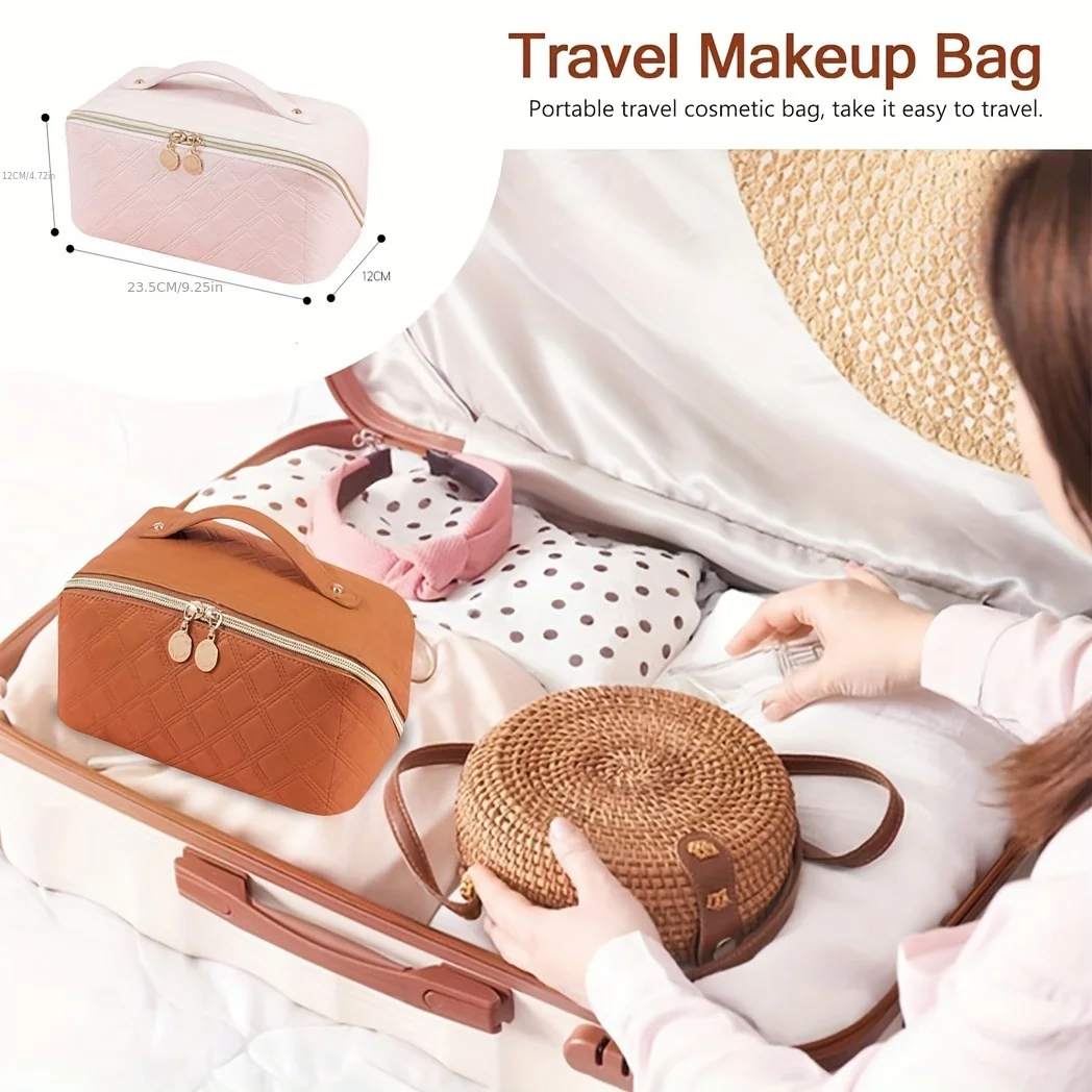 Travel Makeup Bag Large Opening Makeup Bag Portable Water Resistant Make Up Bags PU Leather Cosmetic Bag with Compartment