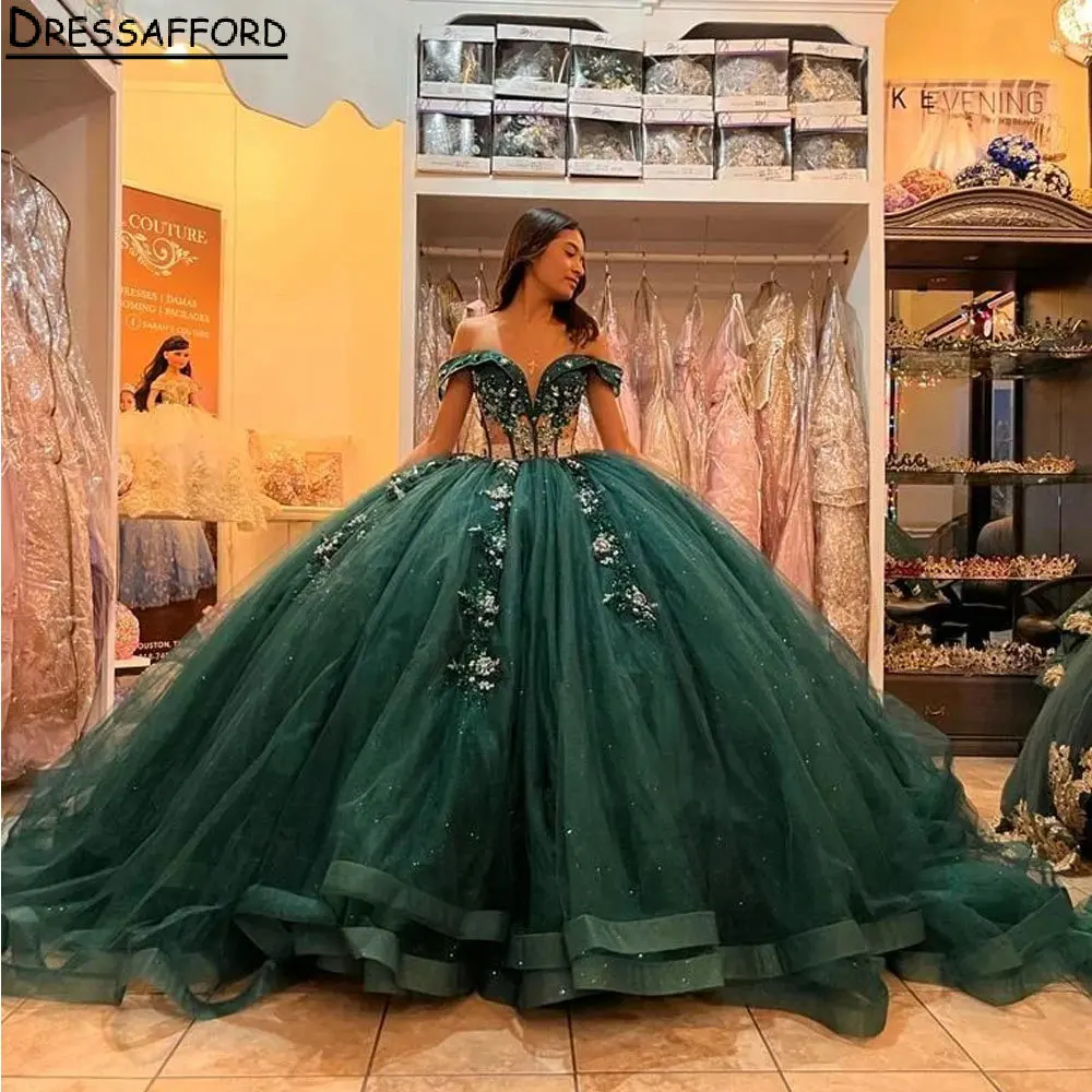 Vestido De Quinceañera con apliques De lentejuelas De ilusión verde esmeralda, vestido De baile con hombros descubiertos, corsé con cuentas, Vestidos De Quinceañera