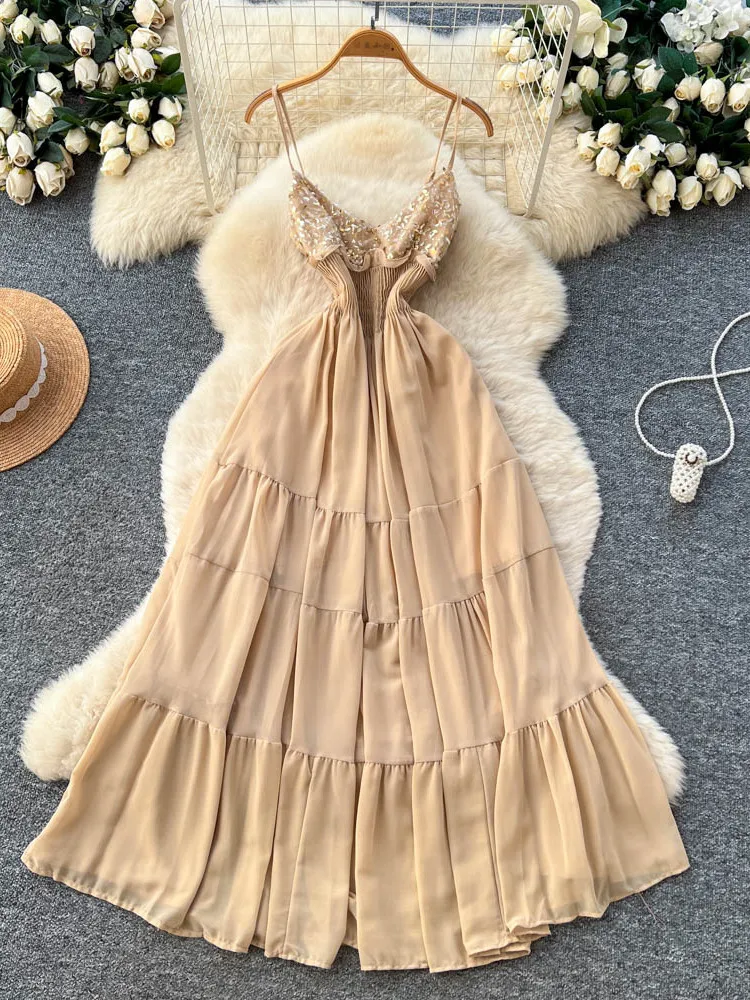 

Summer Gentle Wind Sequin Strapl Slimming Long Dr Women's Svel Waist-Cinched Pure Desire A-Line Holiday Dr