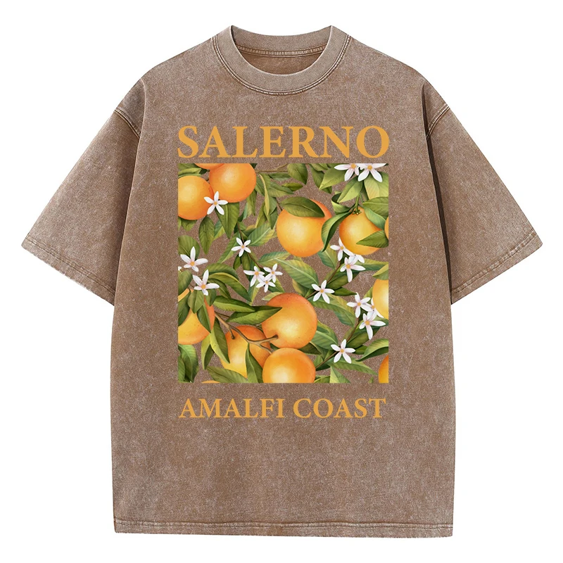 Salerno Amalfi Coast Fresh Oranges Design Damen Washed T-Shirts Y2K Casual T-Shirt Sommer Hip Hop Top Baumwolle Lose Kurzarm
