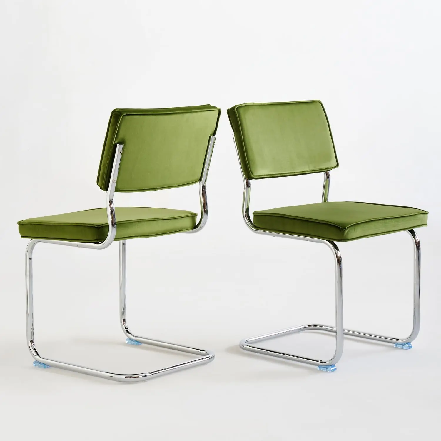 Kitchen & Dining Room Green Velvet Chairs, Minimalistic Style, Upholstered Comfort with Chrome Metal Legs, Set of 2