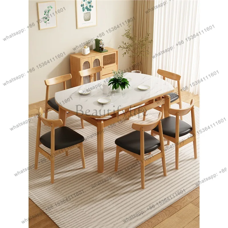 Nordic solid wood rock slab dining table retractable household square and round dual-purpose solid wood folding dining table