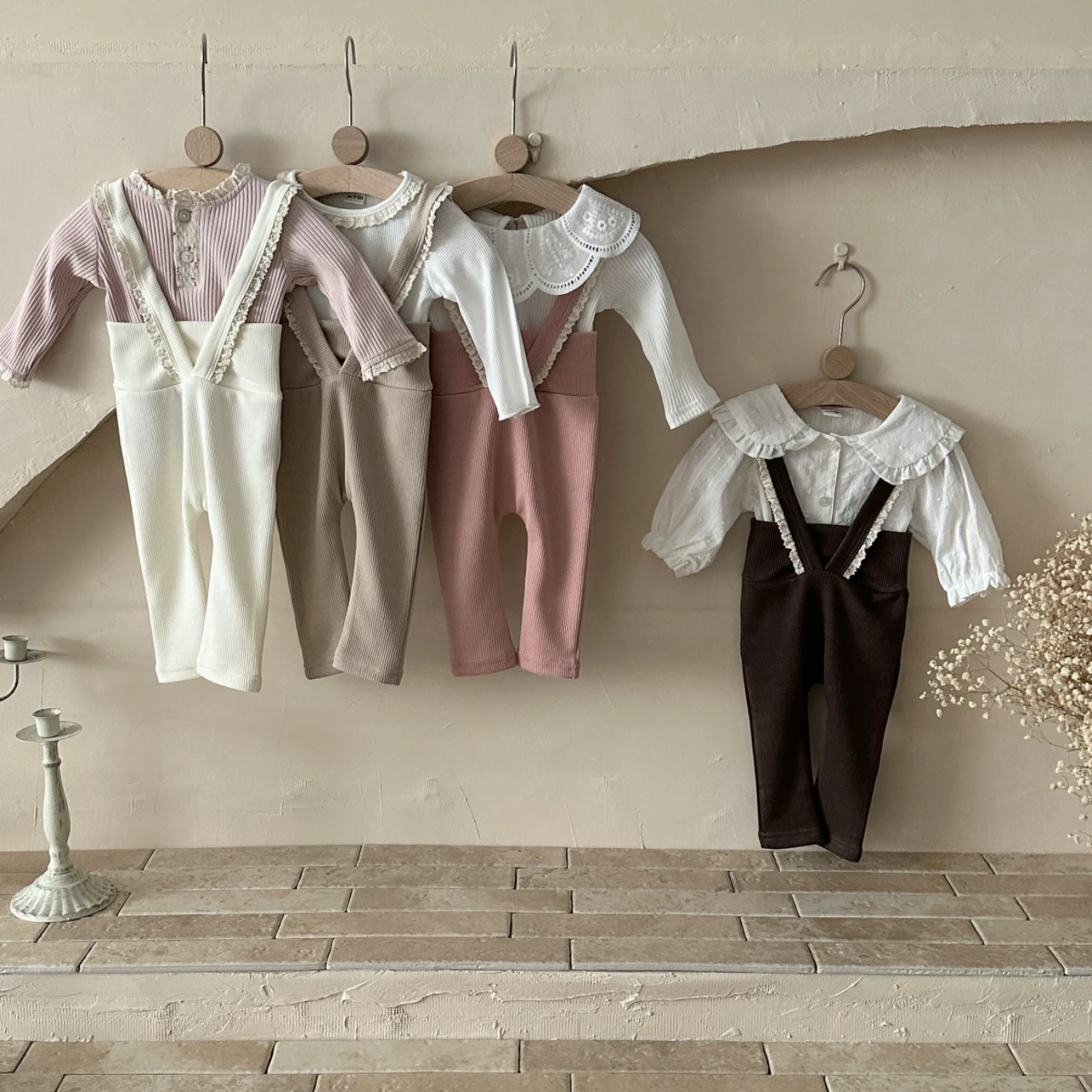 Infant Lace Trim Suspender Ribbed Leggings, High Waist Solid Color Pants, Soft Knit Baby Trousers, Toddler Girls Bottoms