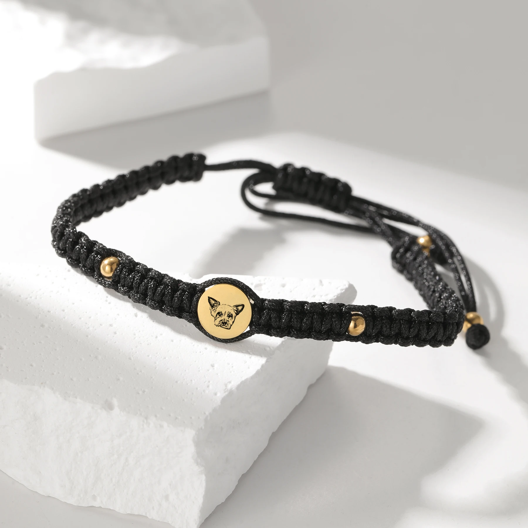 Custom Pet Bracelet Black Braided Rope Gold Beads Round Pet Portrait Personalized Memorial Jewelry Christmas Gift For Pet Lovers