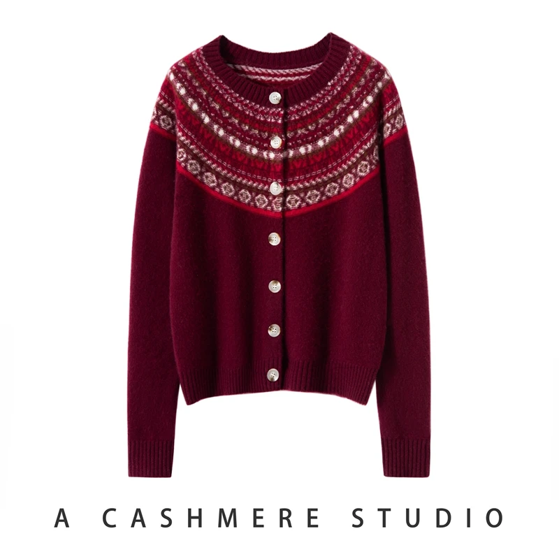 

Роскошный женский свитер из 100% кашемира в винтажном стиле, жаккардовый кардиган с круглым вырезом, толстое кашемировое вязаное пальто, осенне-зимние топы