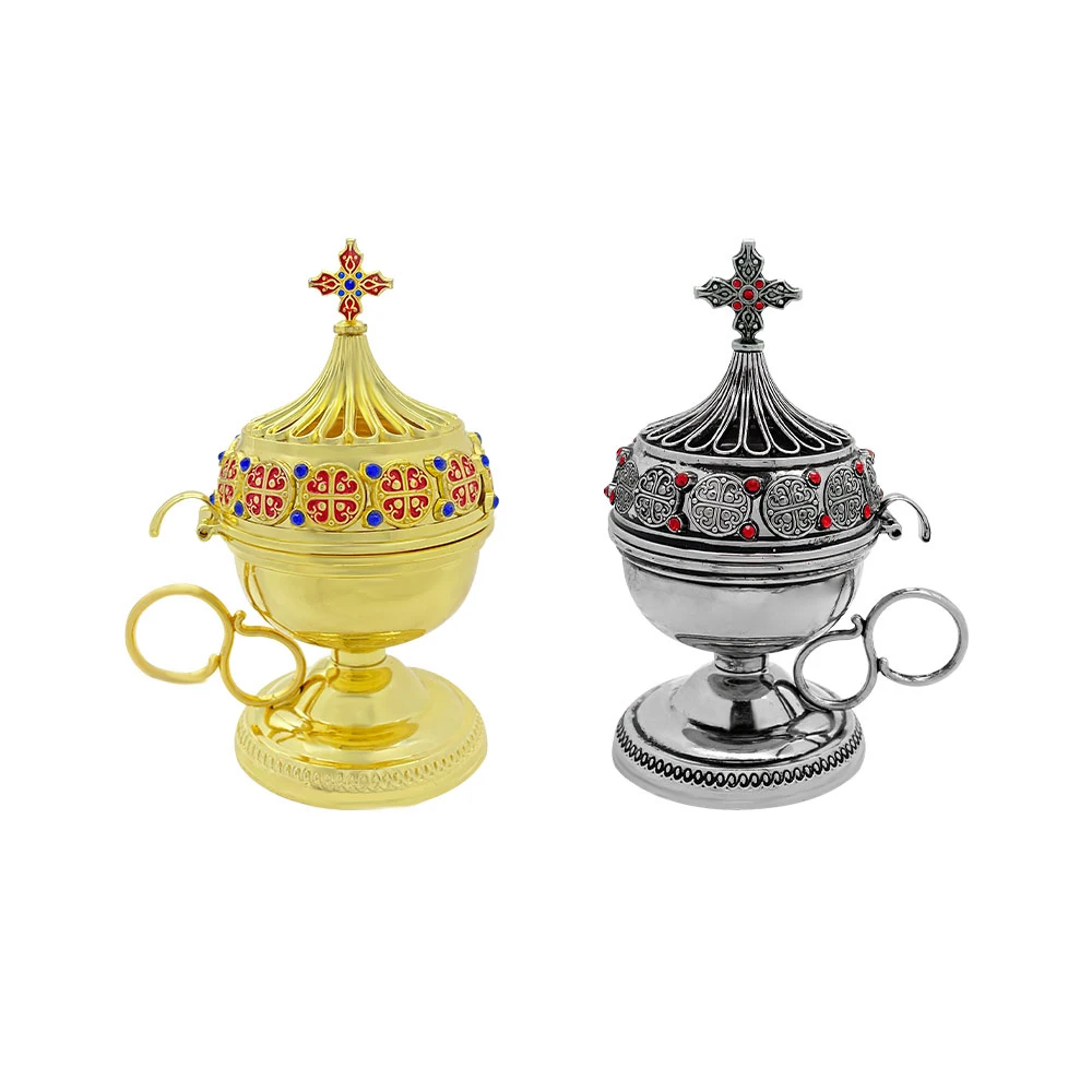 High End Liturgical Orthodox Hand Incense Burner Dual Gold Silver Finish Intricate Enamel Cross Rhinestone For Cathedral Priest