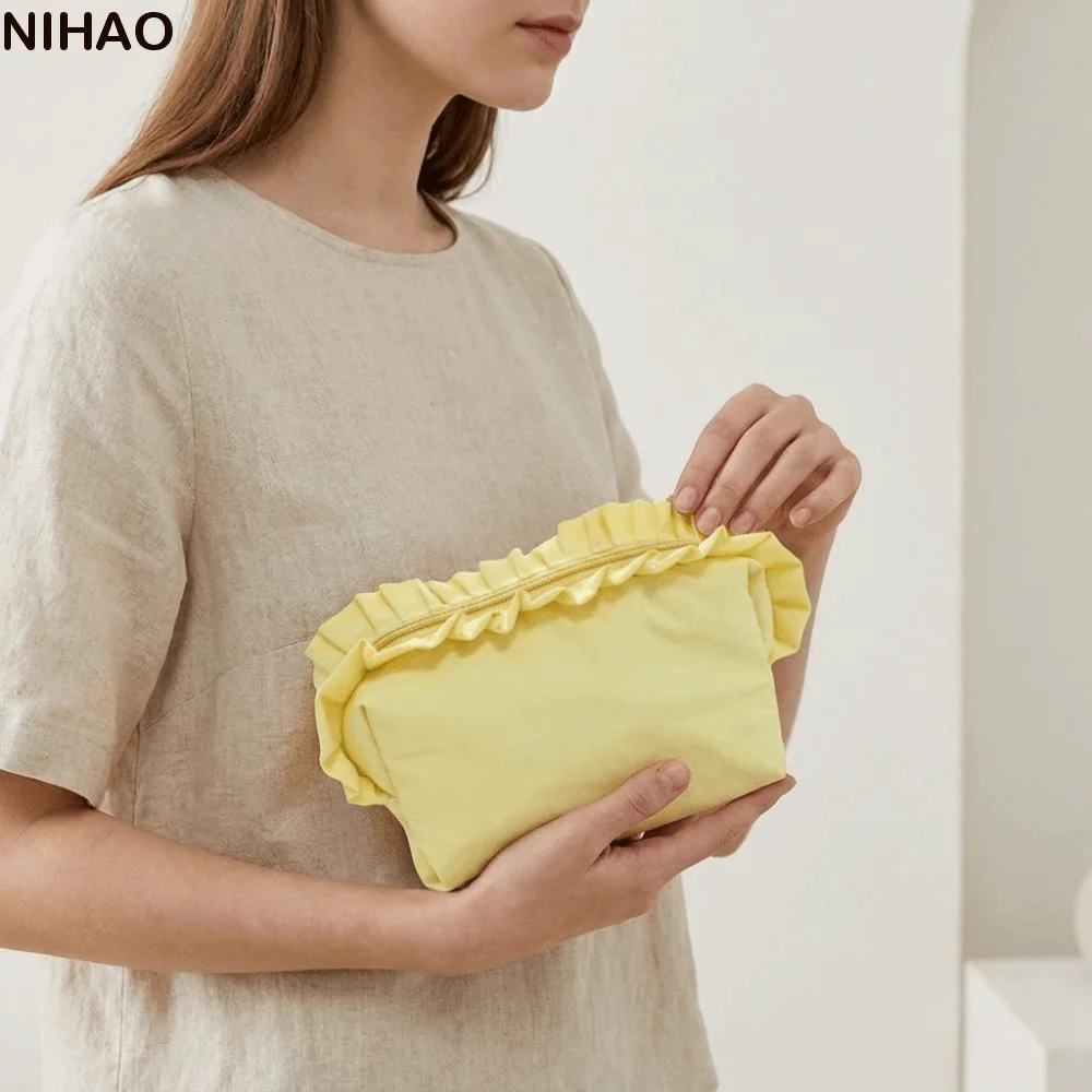 Sweet Solid Color Ruffle Makeup Bag Large Capacity with Zipper Cosmetic Cases Nylon Pencil Case Toiletry Organizer Women