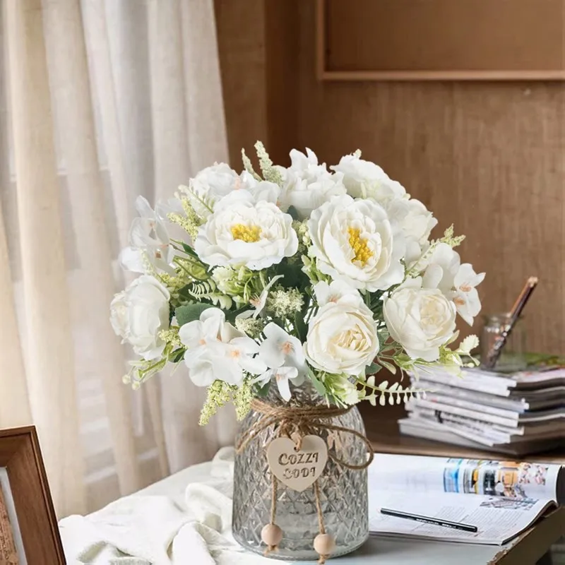 Künstliche Blumen, weiße Seiden-Hortensien, Pfingstrosen, Hochzeits-Party-Bundle, Festival, Heim, Zimmer, Tisch, Vase, Dekoration, Outdoor, Hof, DIY-Geschenk – Detail 7