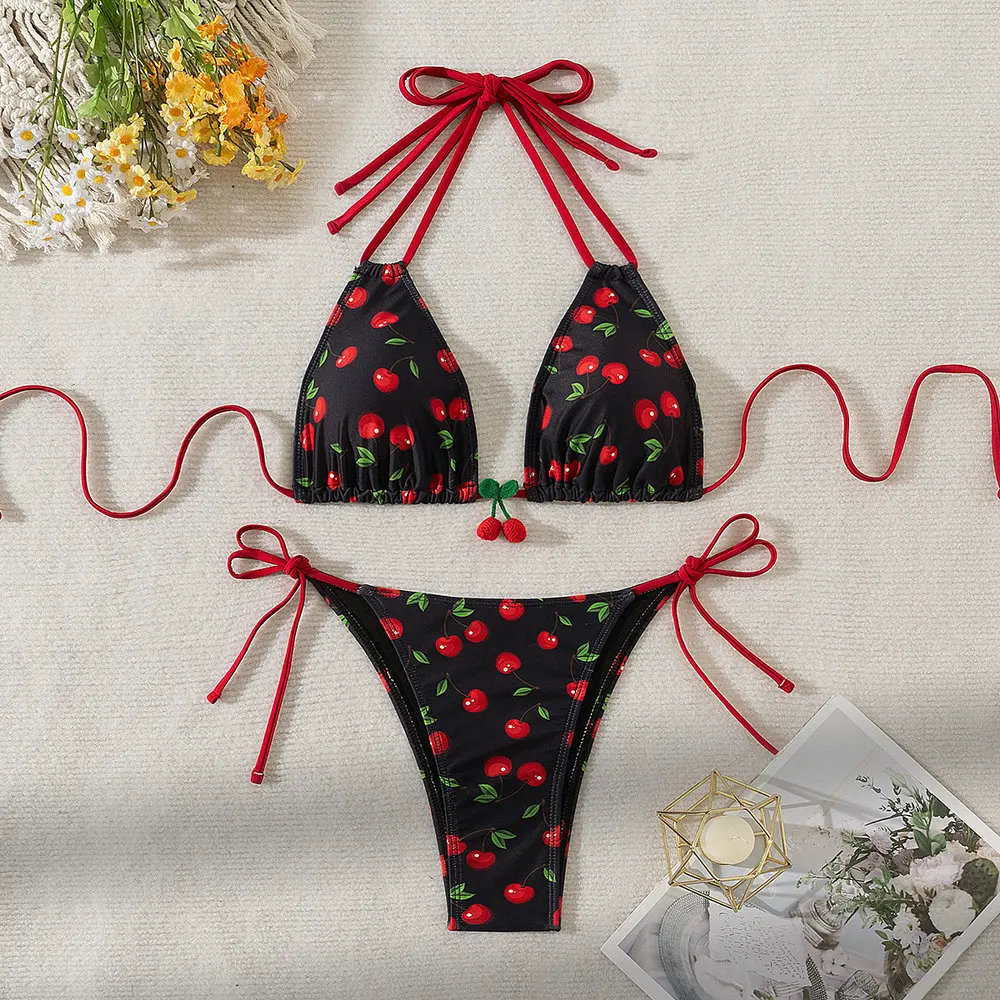 セクシーなチェリーファッションプリントの3ピースビキニ水着2025新作レディース服