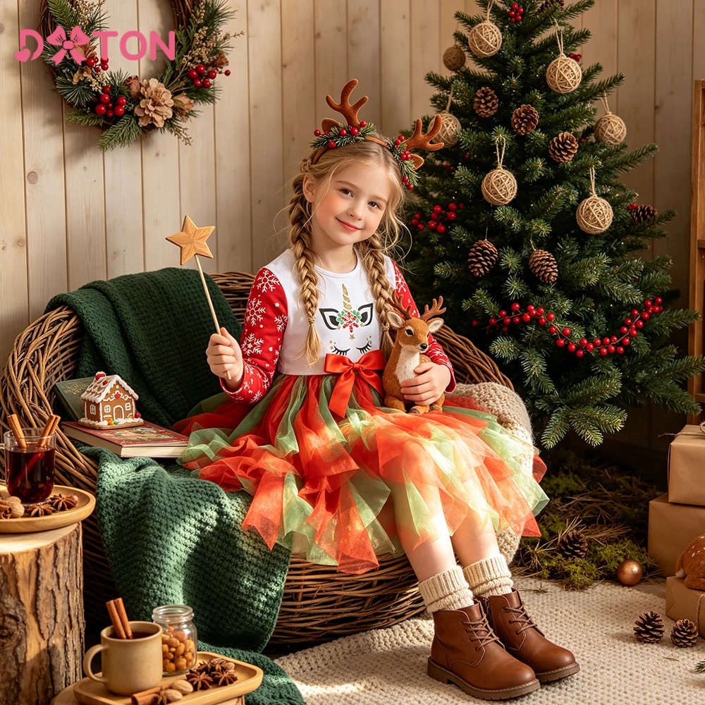 DXTON New Year Party Gift Girls Christmas Dress Snowflakes Print Kids Winter Clothing Irregular Tulle Mesh Bow Princess Dresses