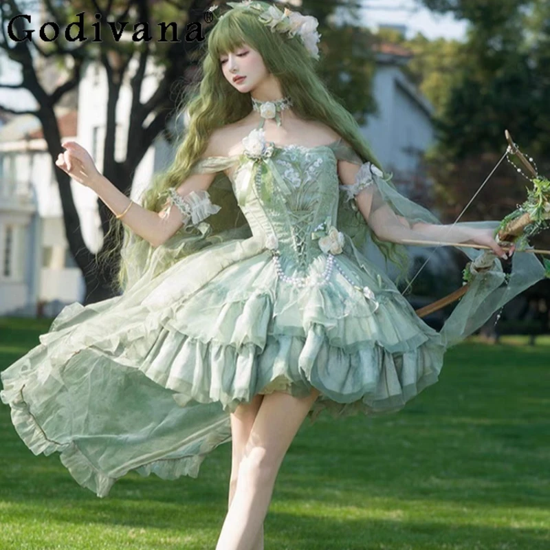 

Green Lolita Evening Dress for Women New Ballet Style Sweet Birthday Princess Dress Female Japanese Cute Fairy Party Dress