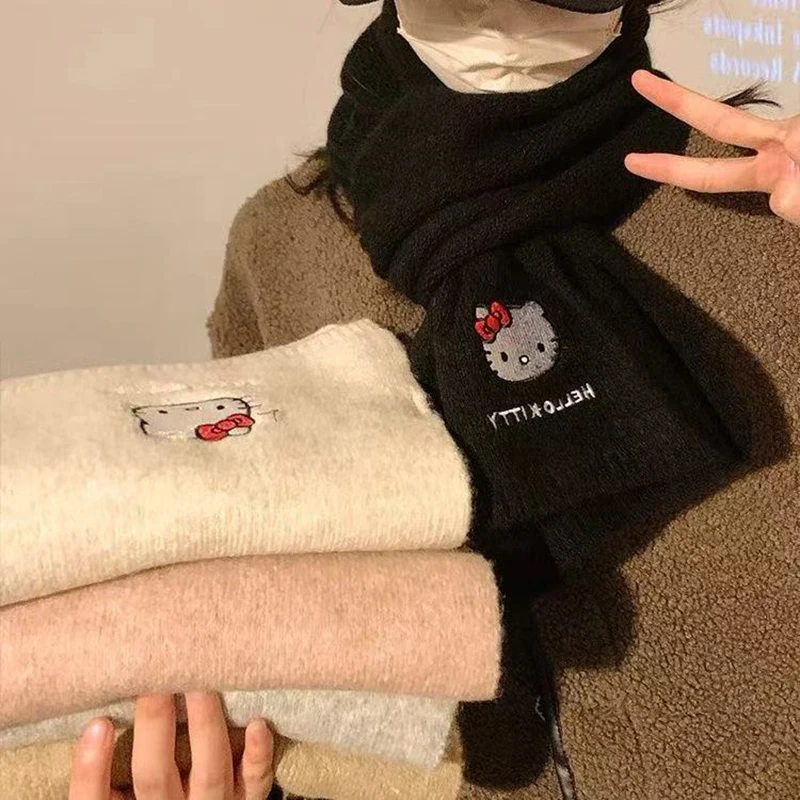 サンリオ ハローキティ ニットウールスカーフ 冬用 女性用 厚手 暖かい 日本製ウールスカーフ ウールスカーフ付き