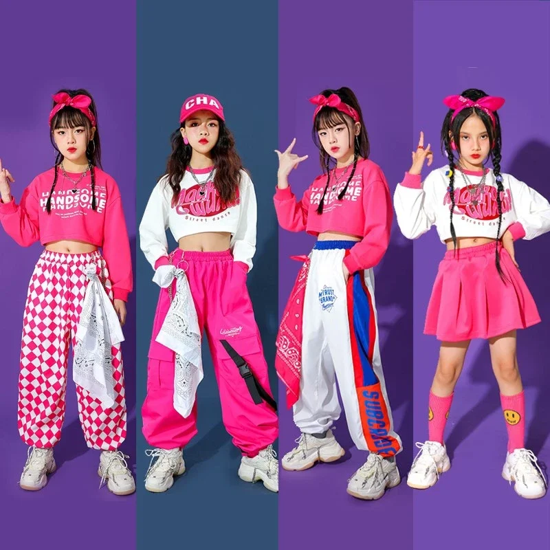 Teenage Girls Hip Hop Clothes Children Crop Top Cargo Pants Plaid Skirt Kids Streetwear Jazz Cheerleader Street Dance Costume