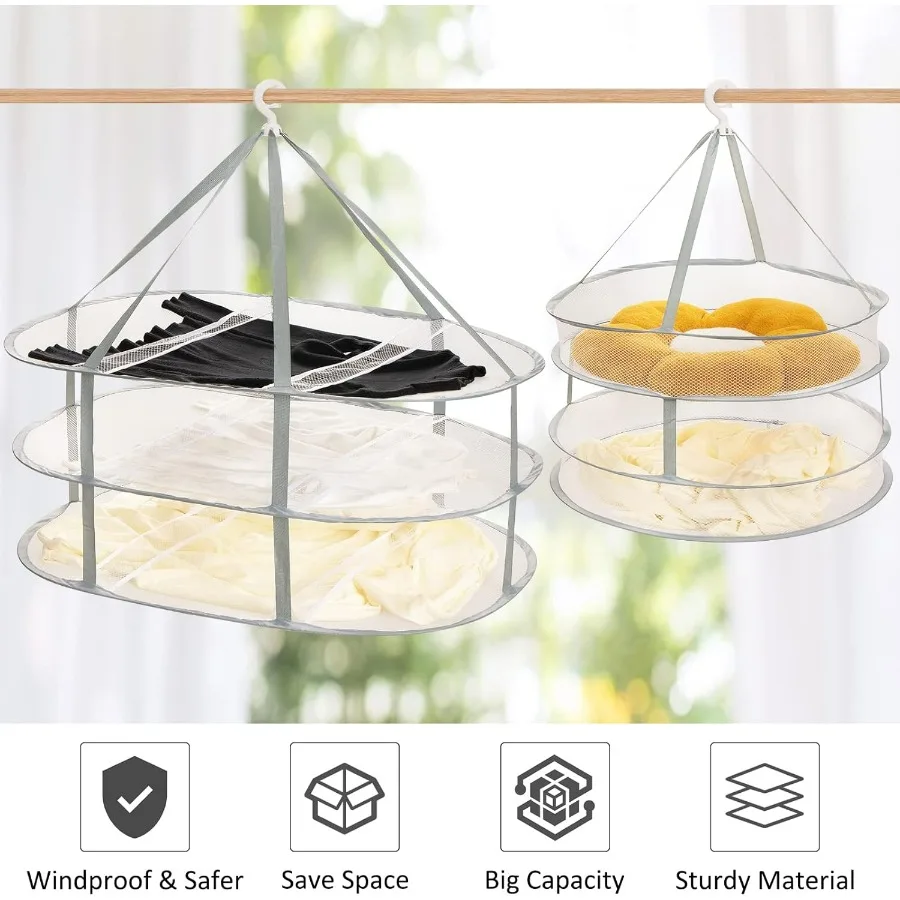 2 Pack 2Tier and 3Tier Folding Mesh Clothes Hanging Dryer Sweater Drying Rack Large Laundry Drying Rack Lay fold Flat Dry Hange