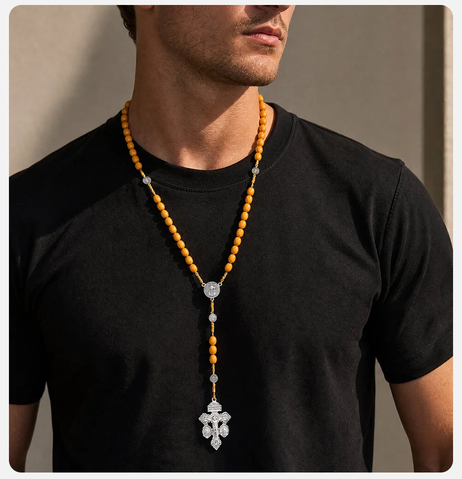 Vnox Herren-Rosenkranz-Halskette, Verzeihungs-Kreuz mit St. Benedikt und Jungfrau Maria, Holzimitierte Achatperlen, Y-förmiger katholischer religiöser Schmuck – Detail 3