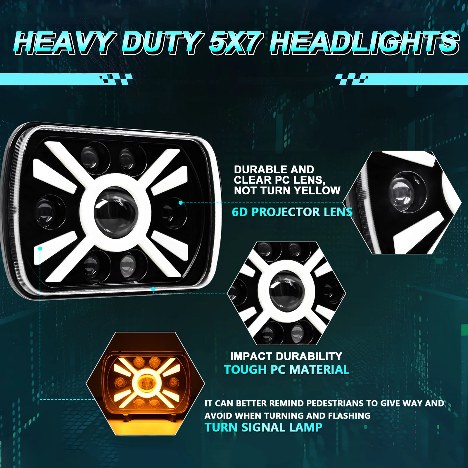 2 قطعة مصابيح أمامية LED مقاس 7 بوصة، مصابيح أمامية LED مستطيلة مقاس 5 × 7 بوصة 7 × 6 بوصة مع شعاع عالي ومنخفض بديل إشارة الانعطاف DRL لسيارة جيب شيرو #4