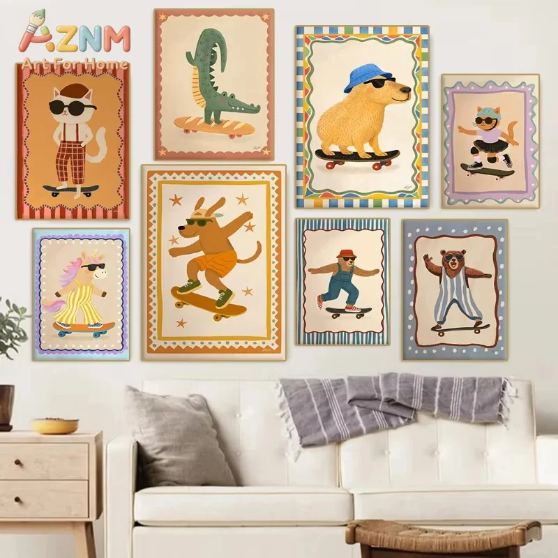 1PC Cute Skateboard Animal Poster Cartoon Funny Dog Cat Bear Canvas Painting Wall Art for Boho Bedroom Home Decor