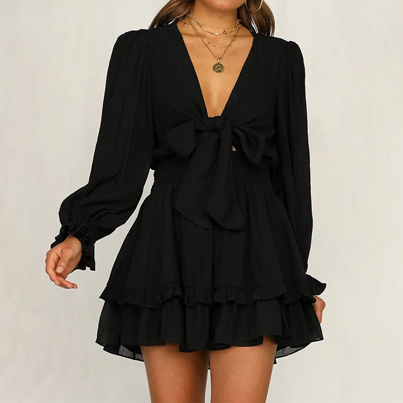 Elegant V-Neck Long Sleeve Ruffle Dress - Perfect for Spring & Summer Parties