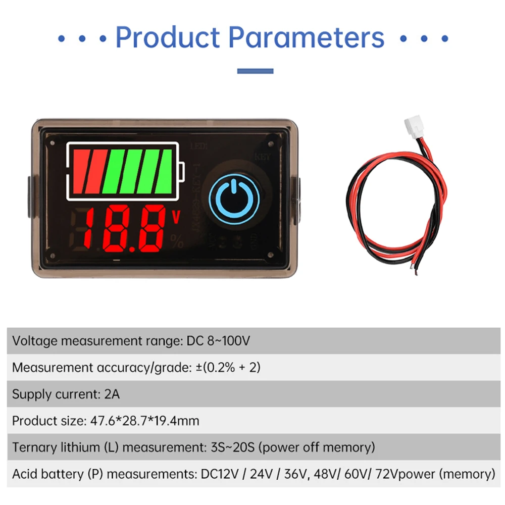 DC8-100V Car Battery Voltmeter Charge Level Indicator Lithium Battery Capacity Meter Test Display LED Tester Touch Switch