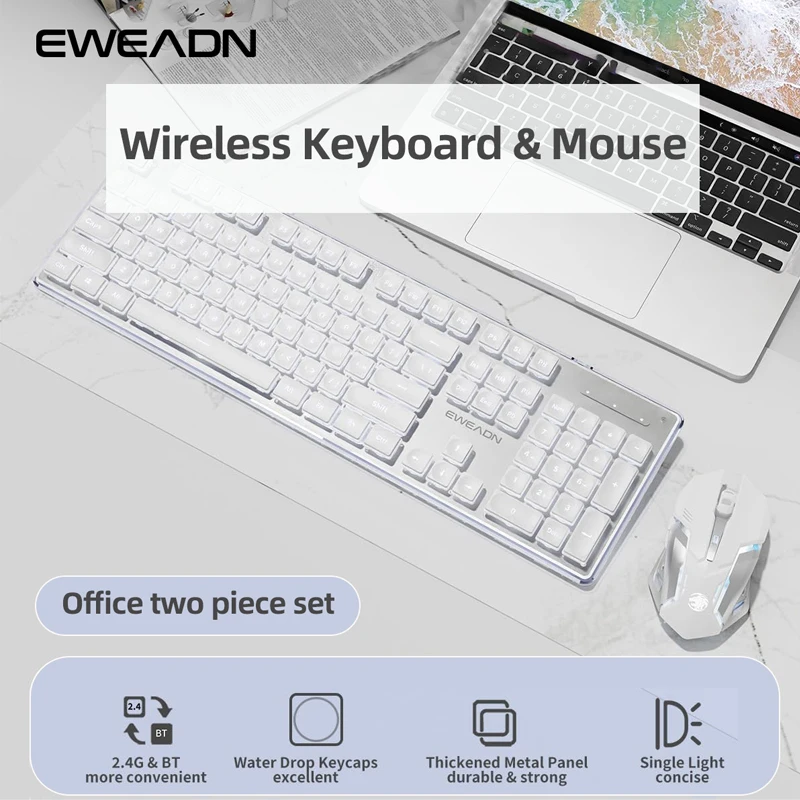 EWEADN V3 Conjunto de teclado e mouse silencioso sem fio com sensação mecânica, 104 teclas em tamanho real com teclas Pudding, para jogos e escritório