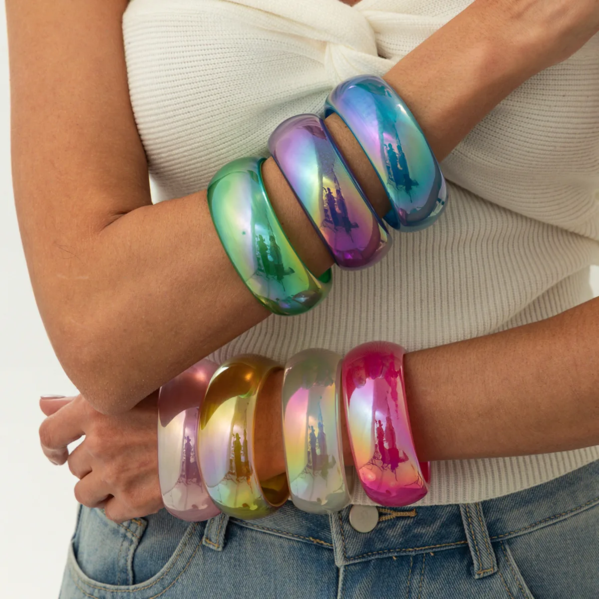 KunJoe 7 Colors Fashion Round Chunky Resin Acrylic Bangles Women Punk Geometric Stackable Wide Cuff Bracelet Jewelry Accessories
