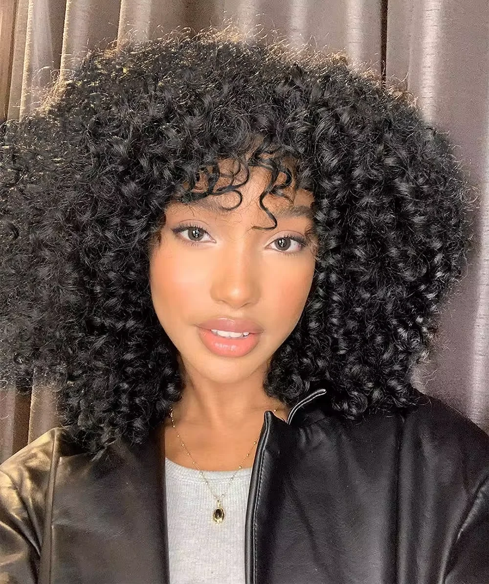 Peluca rizada Afro con flequillo para mujer, pelo largo hasta el hombro, negro, sintético