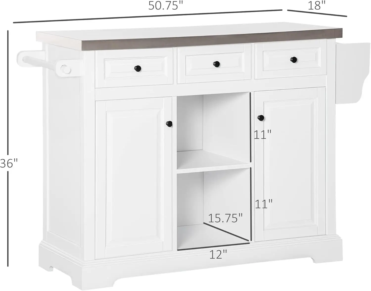HOMCOM Rolling Kitchen Island with Storage, Kitchen Cart with Stainless Steel Top, Spice Rack & Drawers, White