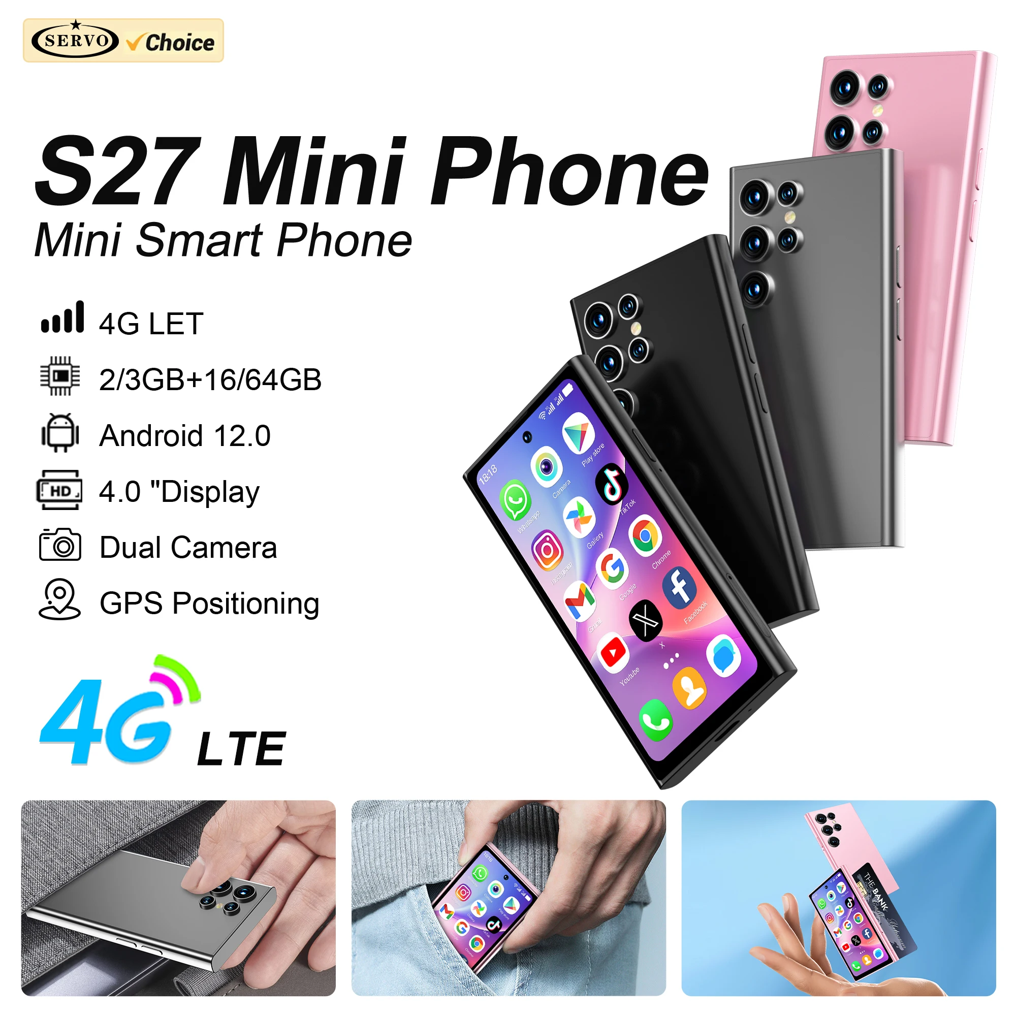 SERVO S27 MINI Small Smartphone 4G LTE Android 12.0 System 3GB+64GB Google Play Face Unlock GPS WiFi 2 SIM Cute Smart Cellphones