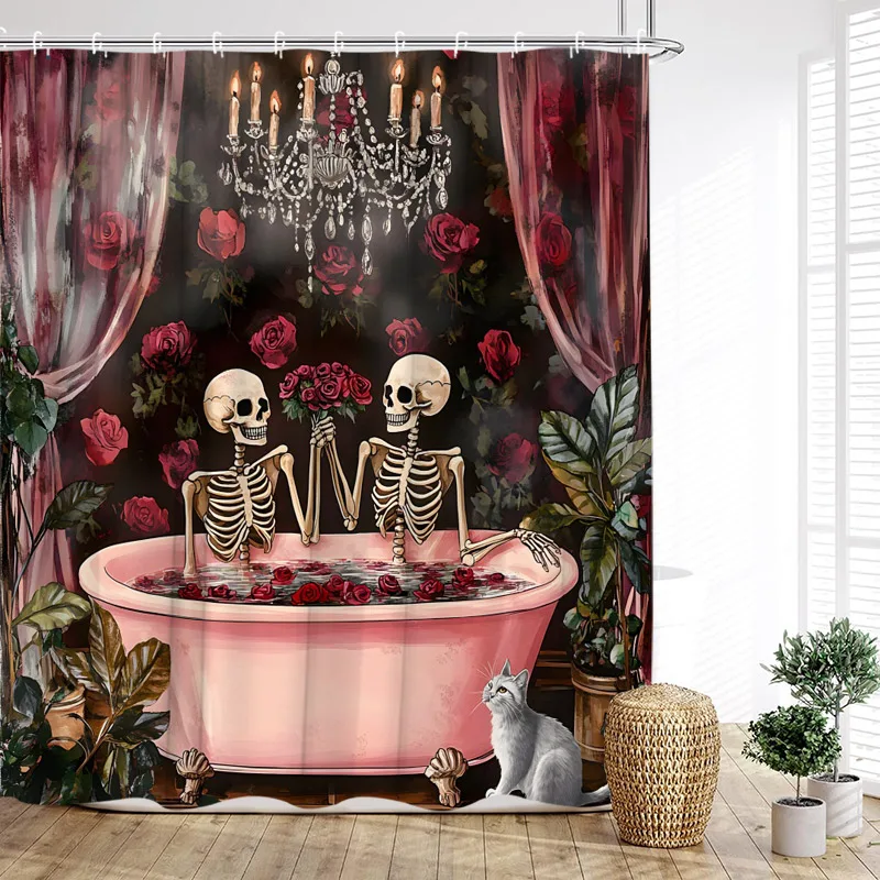 

Bathing Lovers Skeleton Shower Curtain Red Rose Floral Tropical Leaves Cat Valentine's Day Bath Curtains Fabric Bathroom Decor