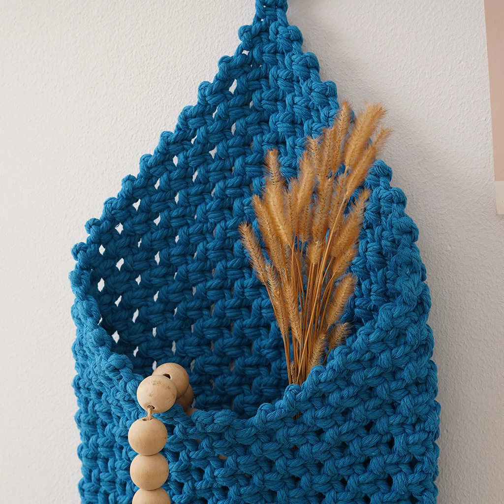 Blue Macrame Wall Hanging Storage Pocket Handmade Woven Organizer with Tassels and Wooden Beads Home Decor Small Item Storage