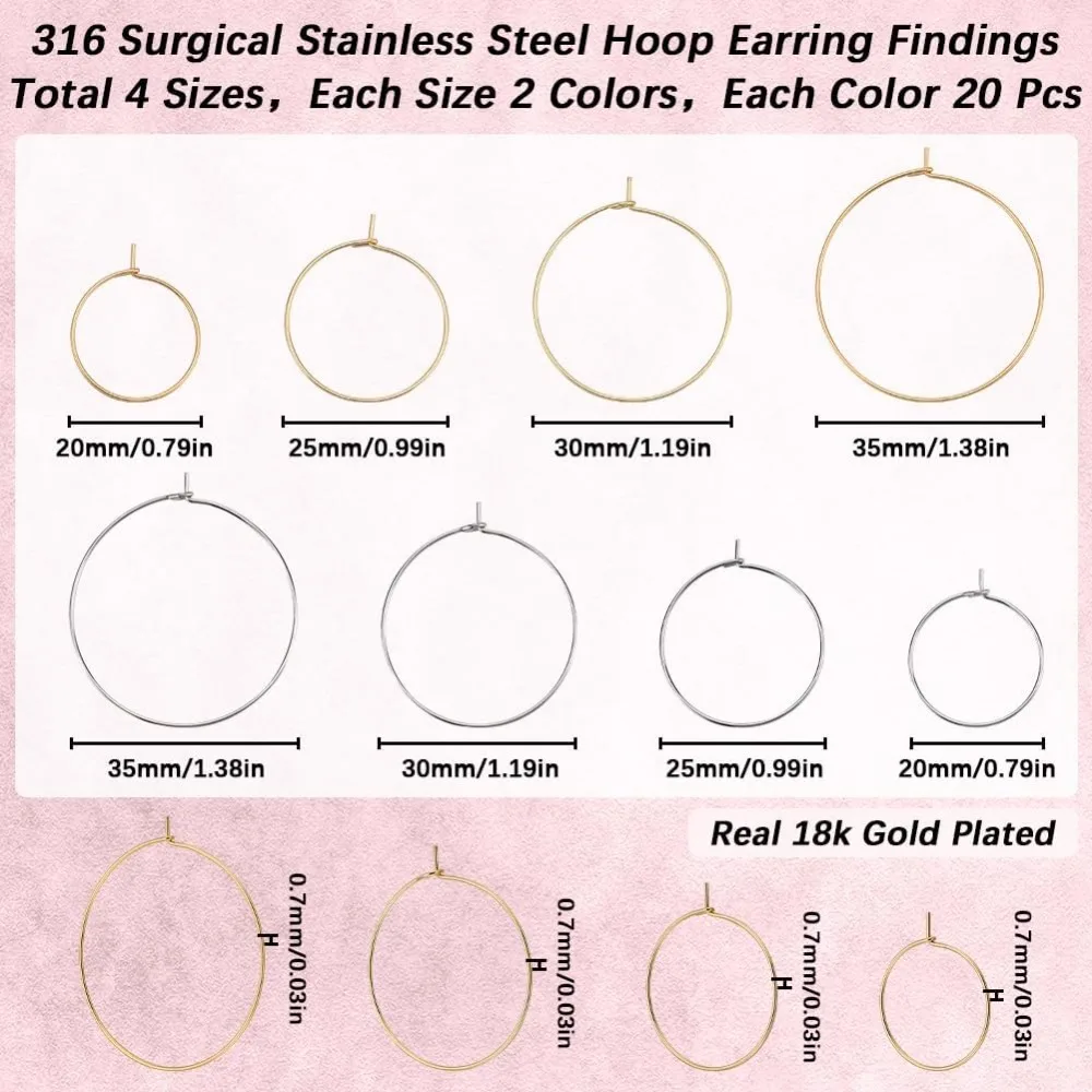 160Pcs Beading Hoop Earring Finding 20/25/30/35mm 316 Stainless Steel Wine Glass Charms Rings Wine Tags Gold Earring making kit