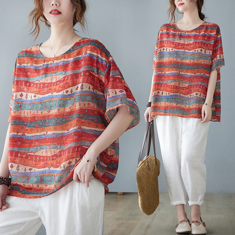 

plus Size Women's Summer ort Sve T-irt Artistic Slimming Cotton Linen Blend round Ne Casual Comfortable Top