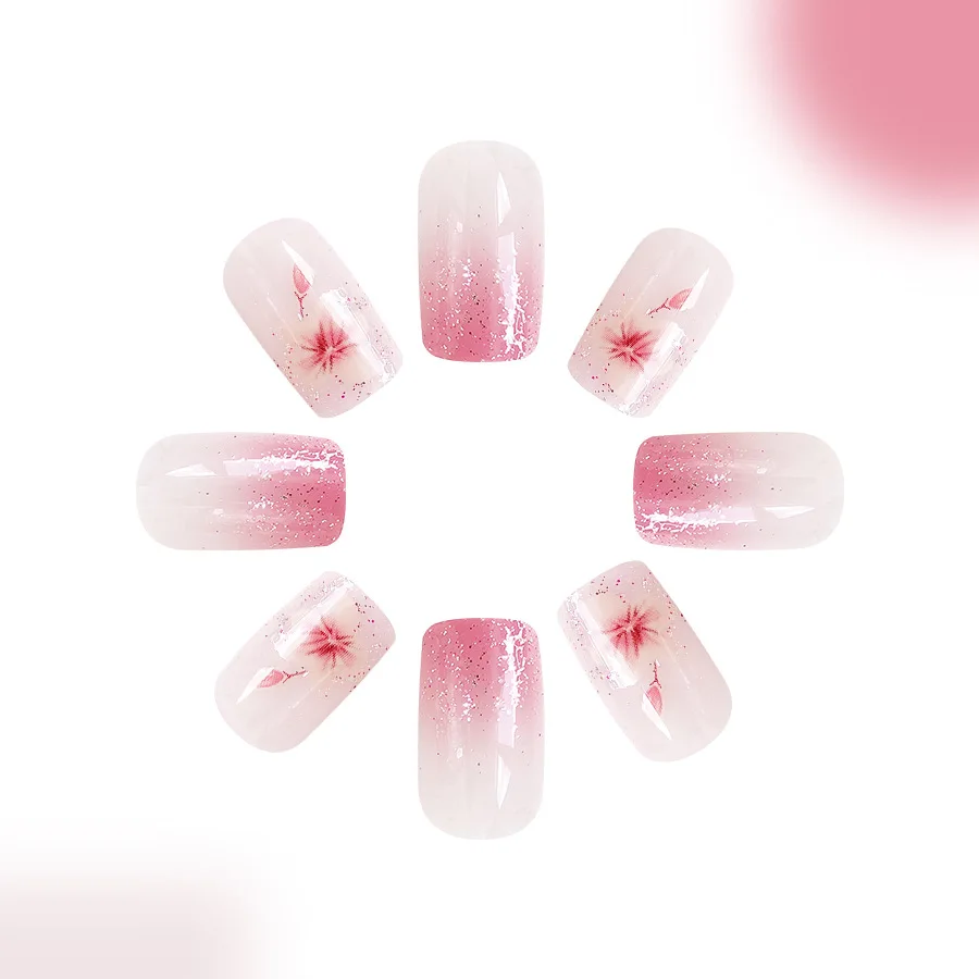 Unhas Postiças Rosa Blush para Mulheres Manicure Elegante, Unhas Postiças de Cabeça Quadrada, Encantos Pressionam nas Unhas, Lantejoulas Brilhantes, Desenhos De Flores