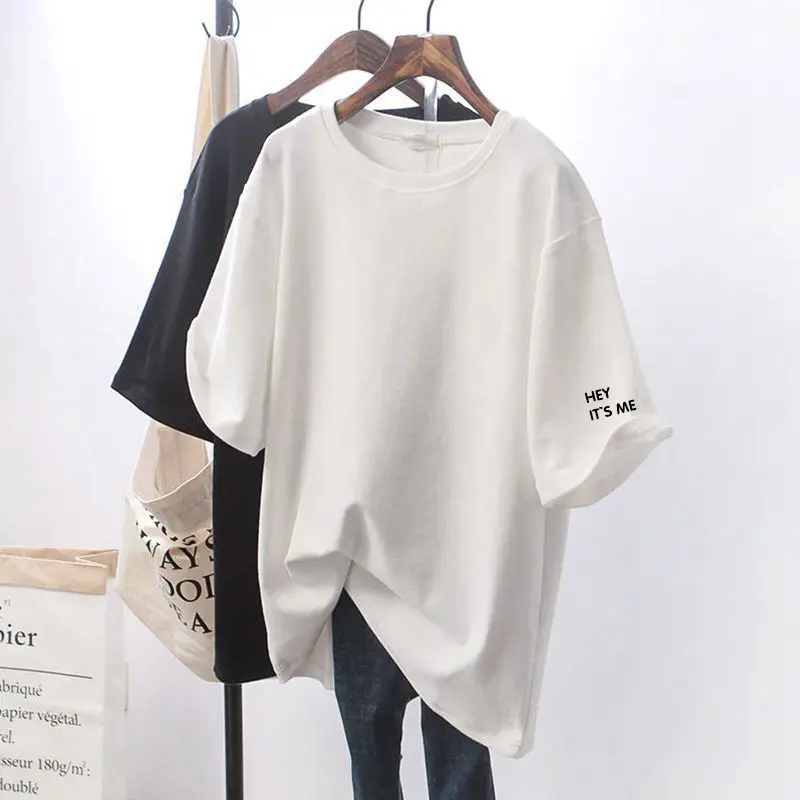 

Women's Clothing Casual Fashion Solid Cotton T-shirts Summer Chic O-neck Short Sleeve Basic Top Tees All-match Loose Pullovers