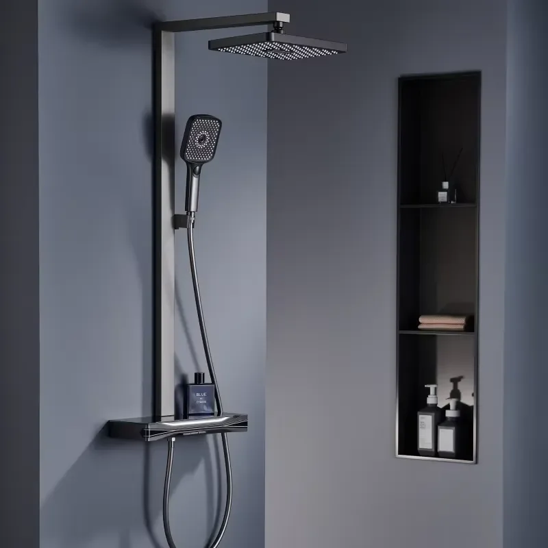 Modern Wall Mounted Smart Bathroom Shower Set Waterfall Rainfall Faucet Kit Luxury Home Hotel Bath Fixtures Black Chrome