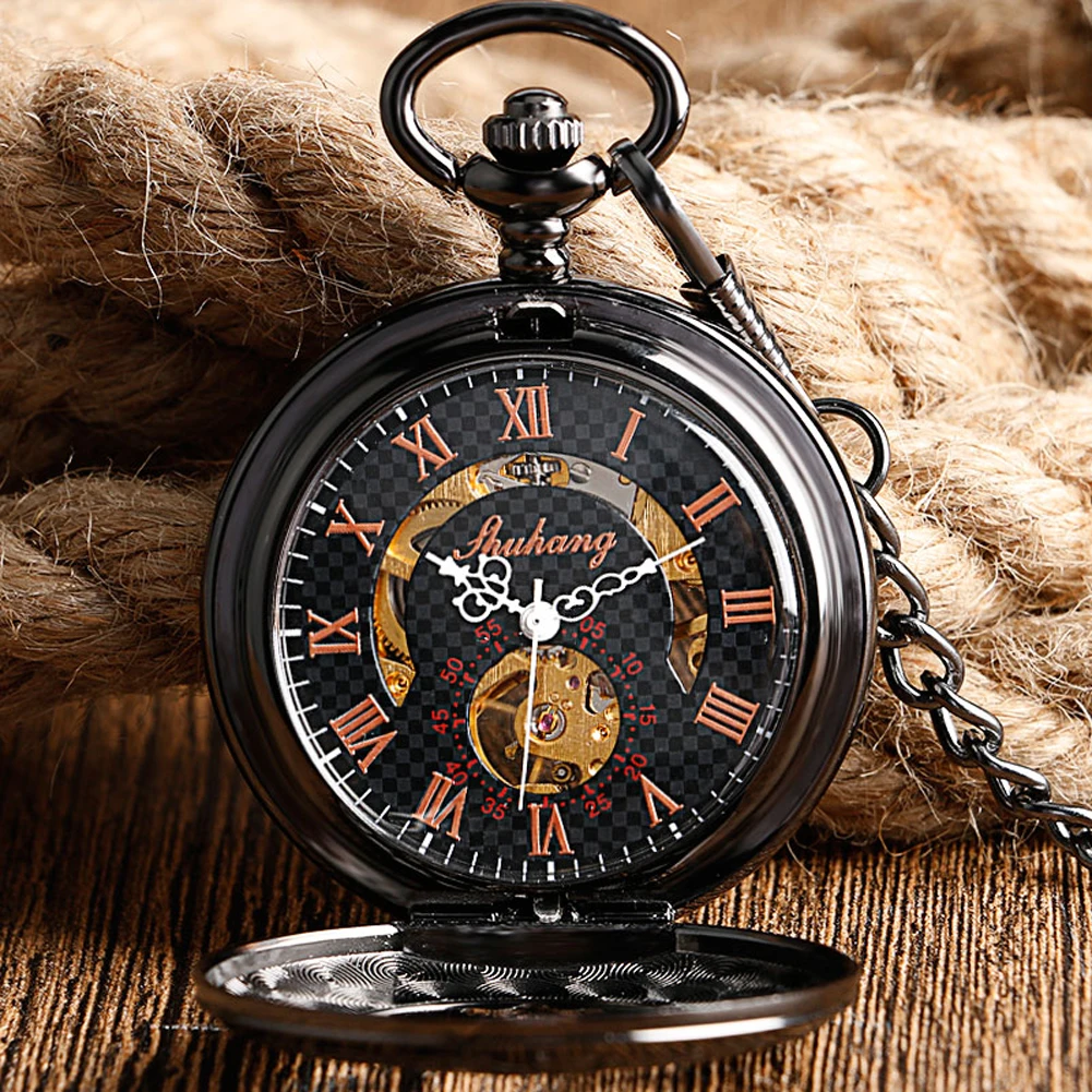 Vintage Hollow Black Men's Pocket Watch Hand Winding Mechanical  Roman Numerals White Hands Antique Style Pendant Watch Male