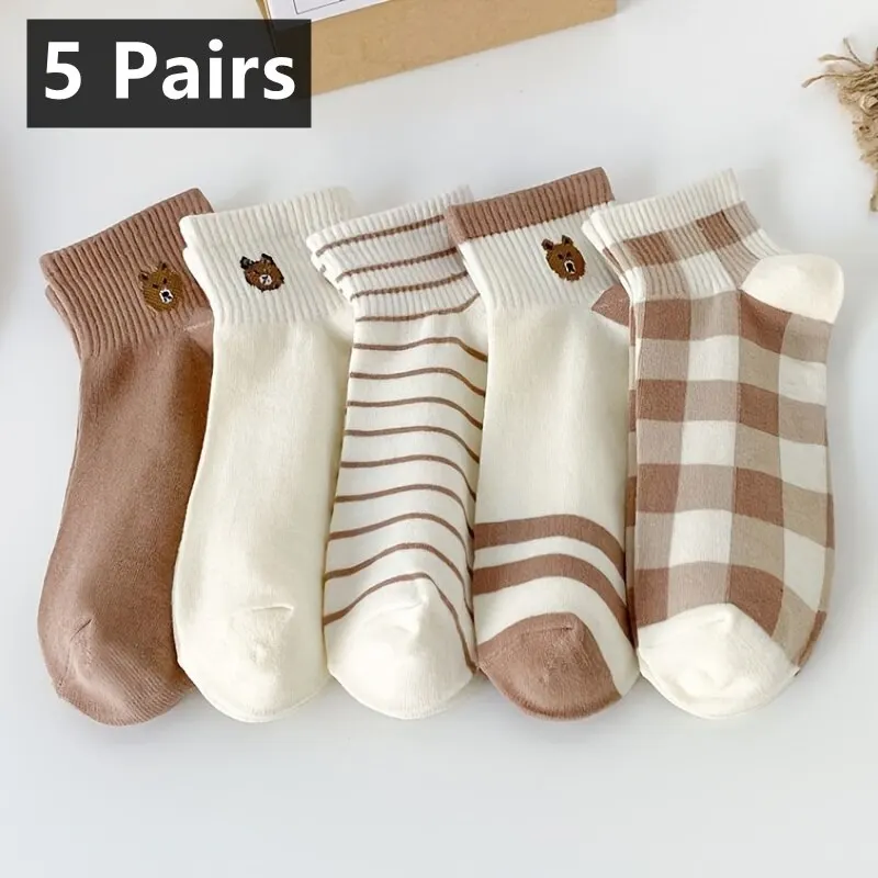 5 pares de pelúcia urso tornozelo meias, confortável tripulação bonito meias curtas, meia das mulheres & meias