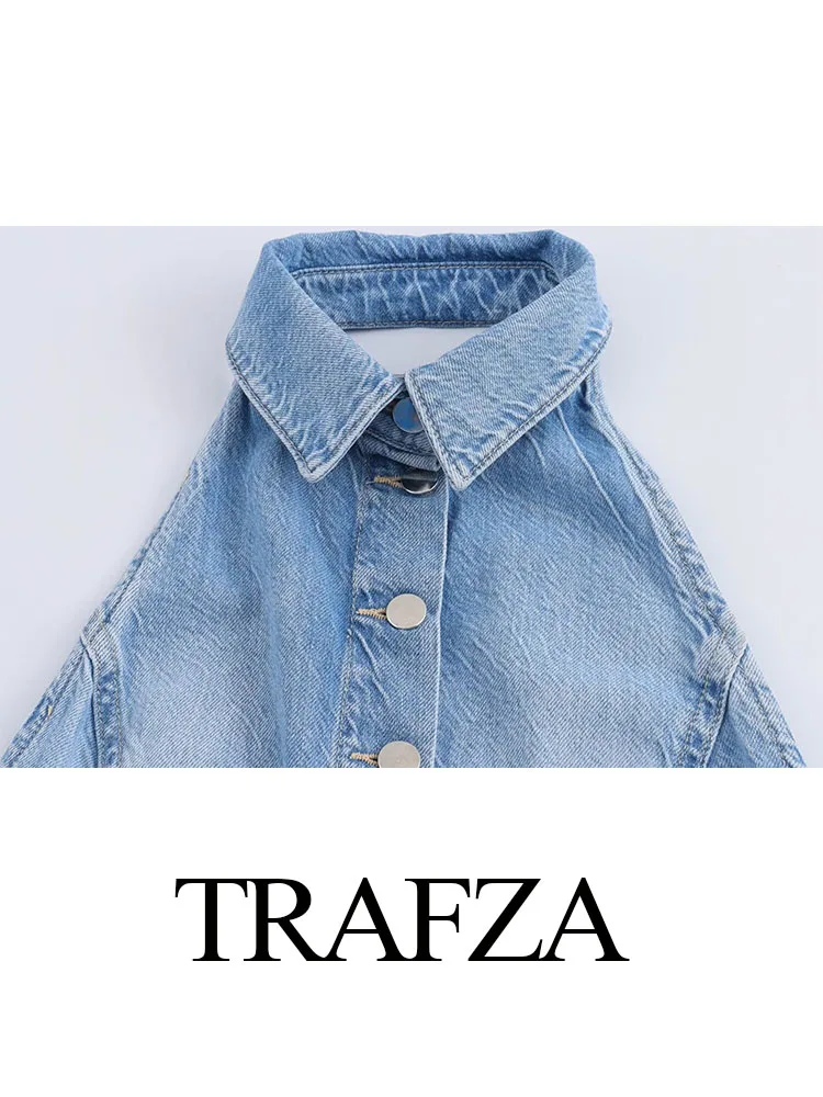 TRAFZA ​​2024 Female Jumpsuit Denim Blue Sleeveless Backless Pockets Single Breasted Trouser High Street Woman Wide Leg Rompers