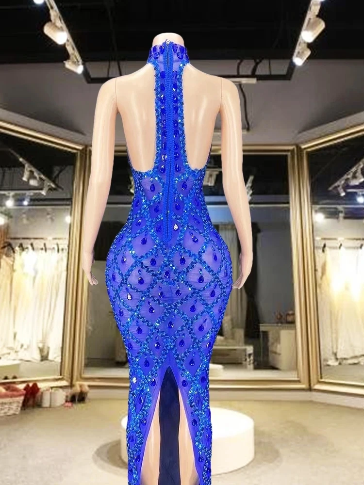 Abito da sera per Festival rhinestone Prom Show Blue Stones abiti Party Show Outfit