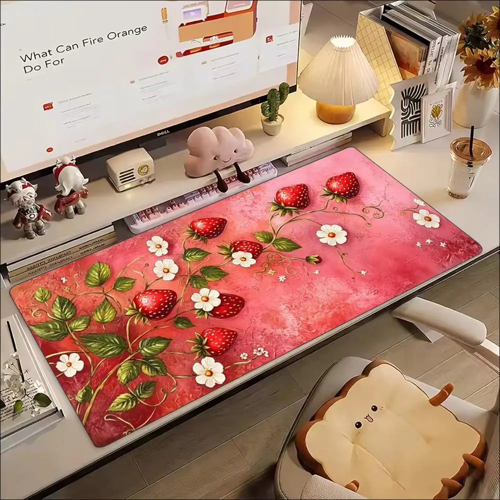 Fresh Strawberry Blossom Print Extended MousePad Non Slip Rubber Desk Mat For Gaming Laptop Keyboard And Home Office Workstation