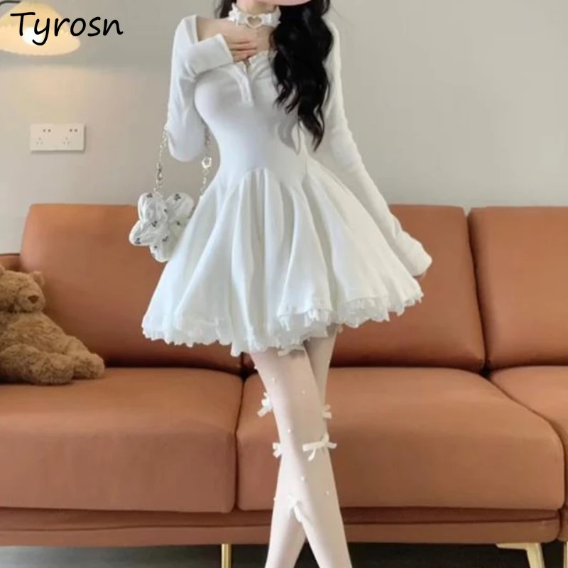 

Puffy Dresses Women Square Collar Lace Spliced Solid Elegant Tender Sweet Spicy Girls All-match Korean Fashion Autumn Y2k Chic