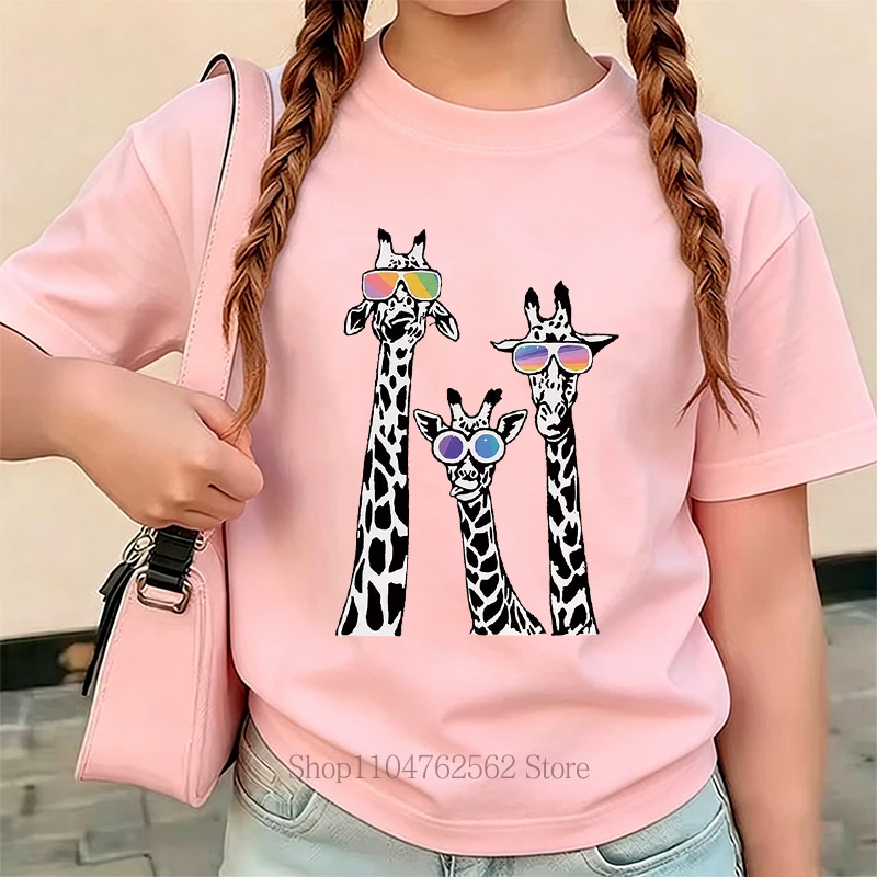 Black White Giraffe Graphic T-shirts for Girls Summer Children Cute Funny Casual Colorful Tops Kids O-Neck Short Sleeve T-shirts