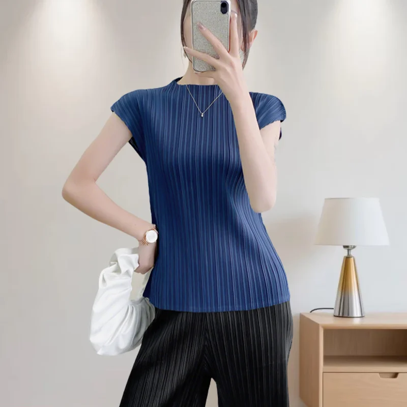 

Новые плиссированные топы Miyake, женский жилет с запахом и рукавами, летняя футболка, удобная повседневная тонкая плиссированная женская одежда под давлением