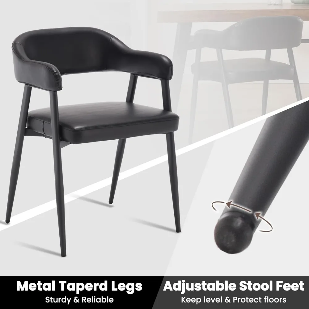 مجموعة من 4 كراسي طعام حديثة من الجلد الأسود في منتصف القرن مع أرجل معدنية سوداء ومساند ظهر منحنية